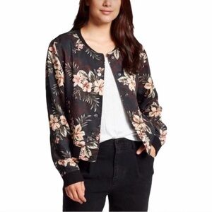 Sanctuary Denim Black Floral Bomber Jacket with Pink and Cream Blooms size M